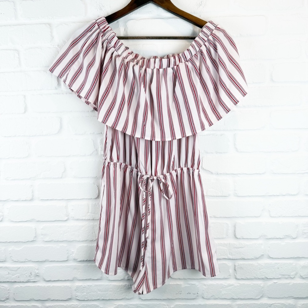 forever 21 Light Pink & Red Striped Romper Off Shoulder  drawstring waist Medium